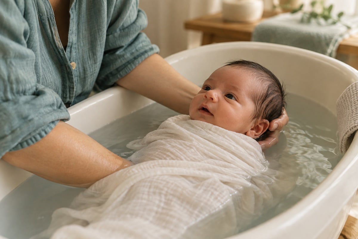 Bébé emmailloté dans un bain, soutenu par des mains adultes — illustration générée
