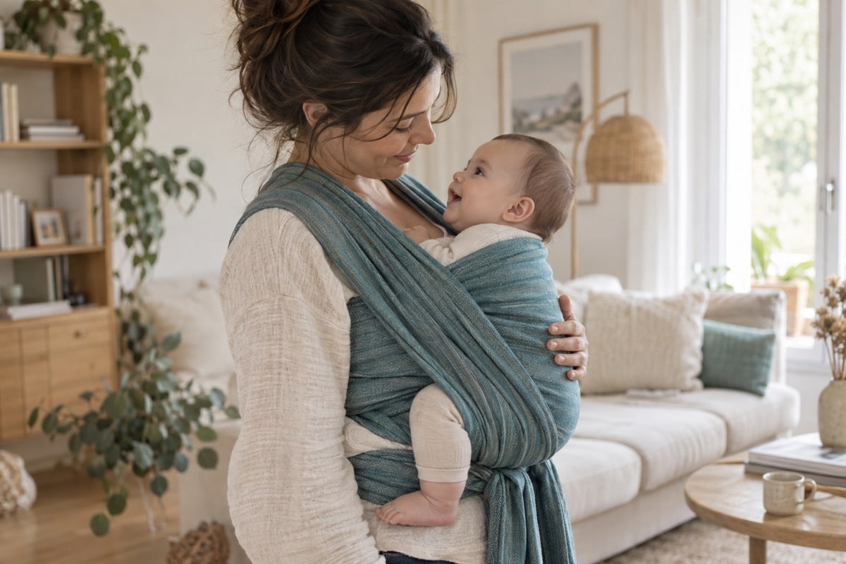 Parent portant son bébé contre lui à domicile — illustration générée